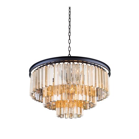 Elegant Lighting Sydney 9 light Matte Black Chandelier Golden Teak (Smoky) Royal Cut Cr 1201D26MB-GT/RC
